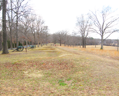 The view down the remains of the earthworks of Jackson's line from the high point of Prospect Hill.