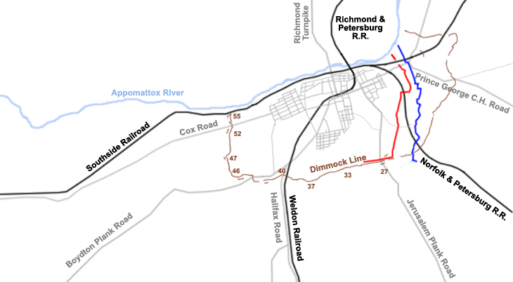 Map of the strategic situation at Petersburg, Virginia on June 18, 1864, the Beginning of the Siege of Petersburg