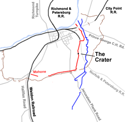 Map of the situation in the opening phase of the fighting around the Crater on July 30, 1864