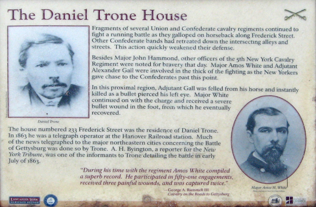Closeup of the Daniel Trone House wayside marker in Hanover, Pennsylvania