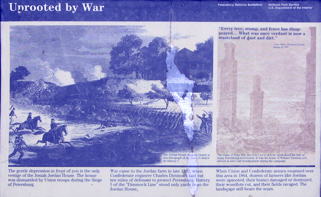 Uprooted by War wayside marker on the Petersburg National Battlefield