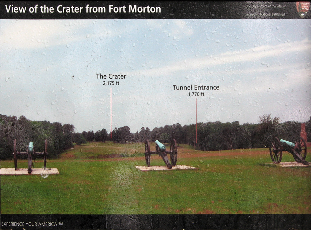 The 'View of the Crater from Fort Morton' wayside marker on the Petersburg National Battlefield