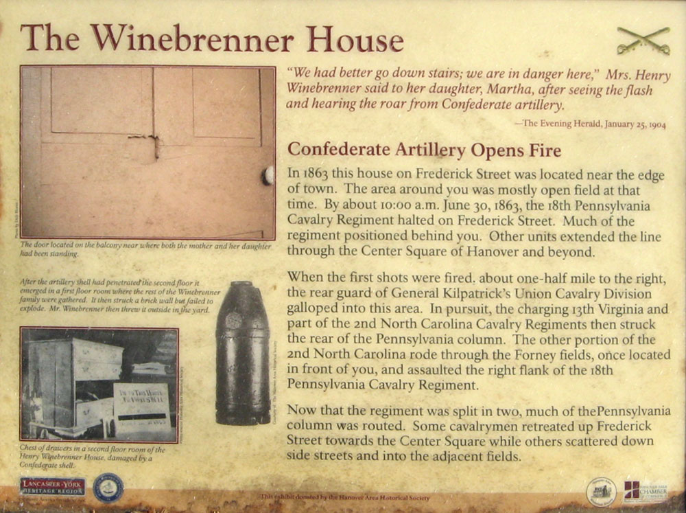 The Winebrenner House wayside marker at Hanover, Pennsylvania