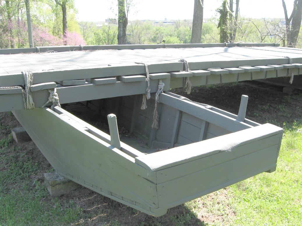 Closeup of the pontoon construction of the pontoon bridge display at Chatham Manor on the Fredericksburg battlefield