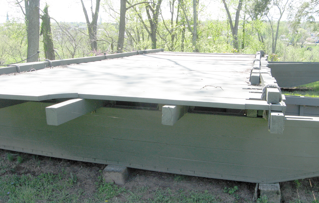 Closeup of the deck of the pontoon bridge display at Chatham Manor on the Fredericksburg battlefield