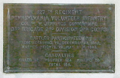Closeup of the tablet from the monument to the 127th Pennsylvania Volunteer Infantry Regiment on the Fredericksburg battlefield