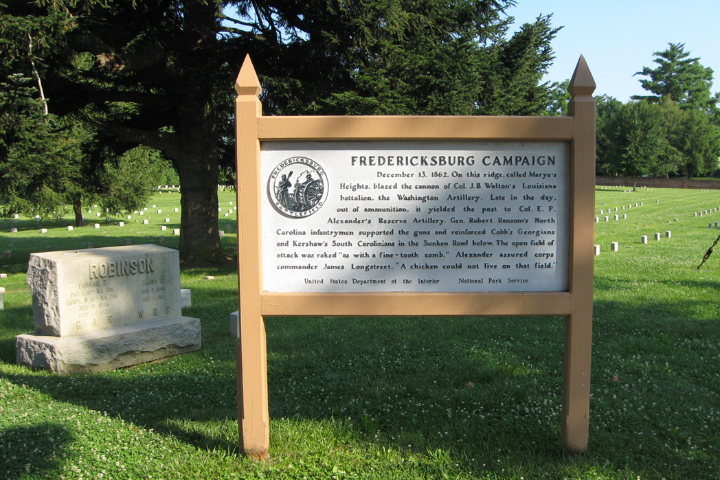 The Fredericksburg Campaign - Marye's Heights historical marker in the National Cemetery at Fredericksburg, Virginia