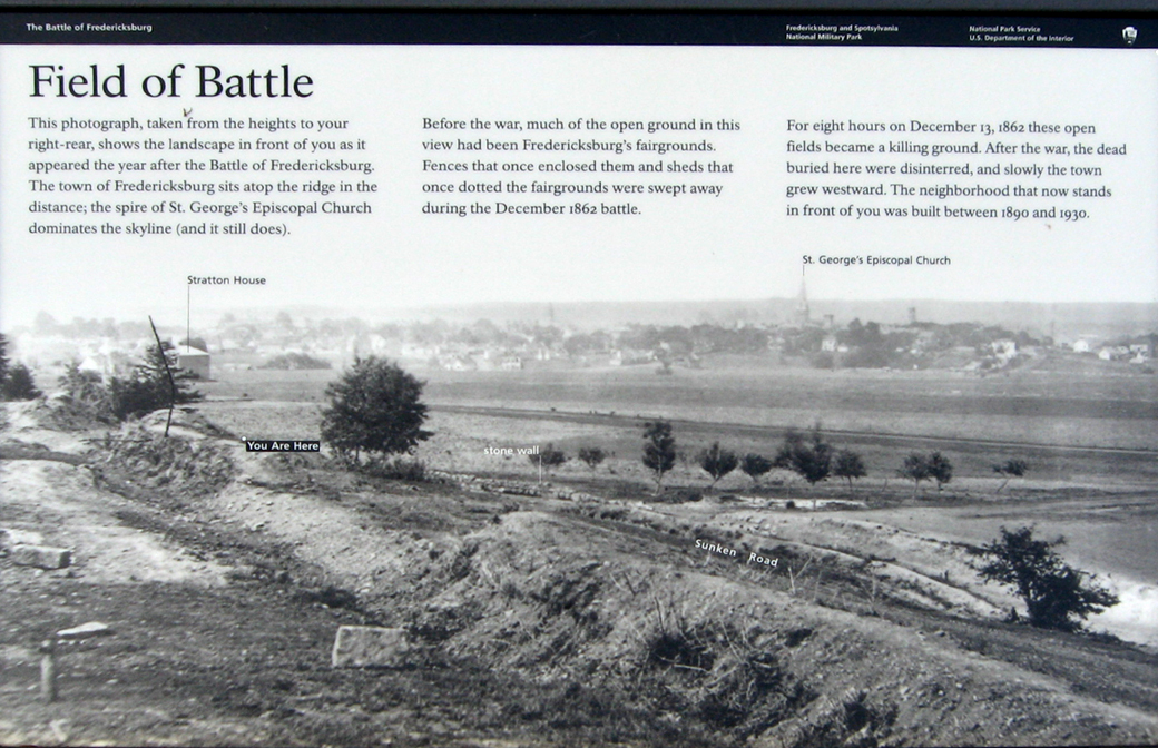 Field of Battle wayside marker along the Sunken Road on the Fredericksburg battlefield