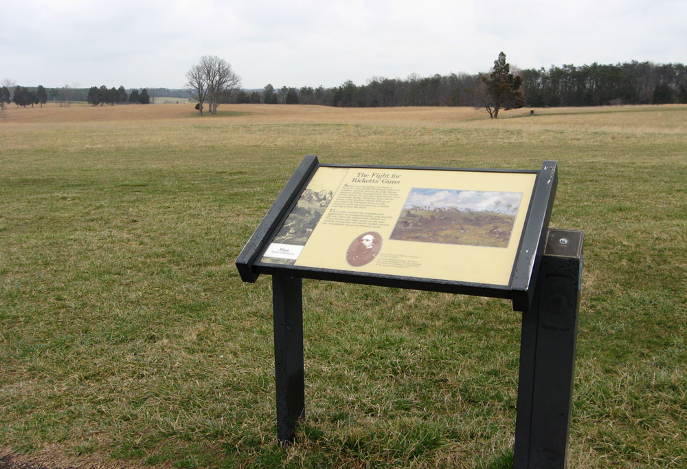 The Fight for Ricketts Guns wayside marker on the Manassas battlefield