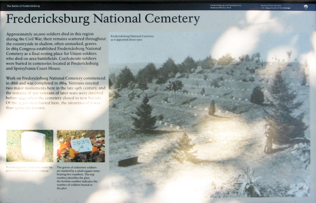 The Fredericksburg National Cemetery wayside marker on the Fredericksburg battlefield