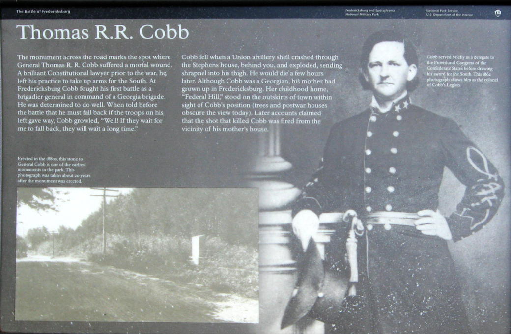 Wayside marker on the death of Confederate Brigadier General Thomas Cobb at Fredericksburg