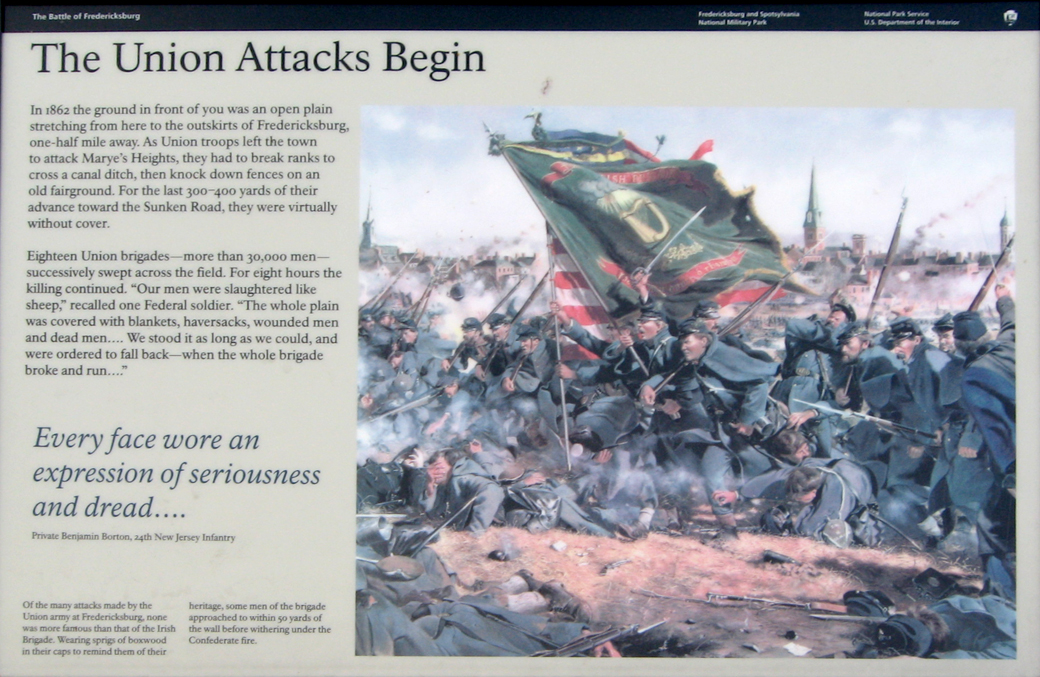 The Union Attacks Begin wayside marker on the Fredericksburg battlefield