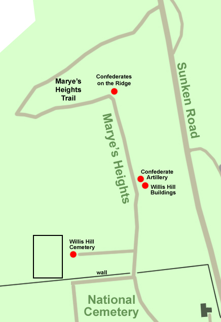 Map of Marye's Heights Trail on the Fredericksburg battlefield.