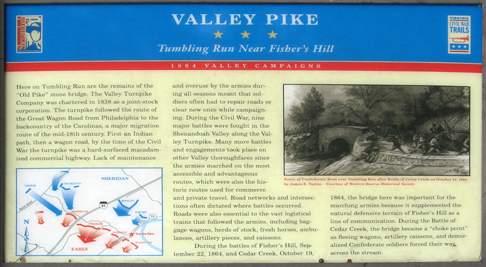 The 'Valley Pike - Tumbling Run Near Fisher's Hill' wayside marker