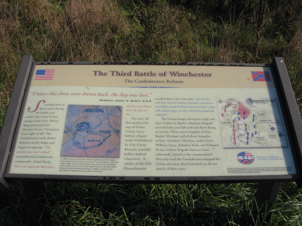 The Confederates Reform wayside marker on the 3rd Winchester battlefield