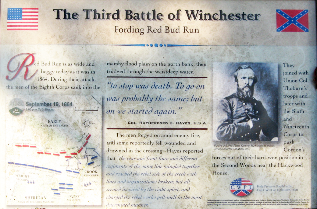 The 'Fording Red Bud Run' wayside marker on the 3rd Winchester battlefield
