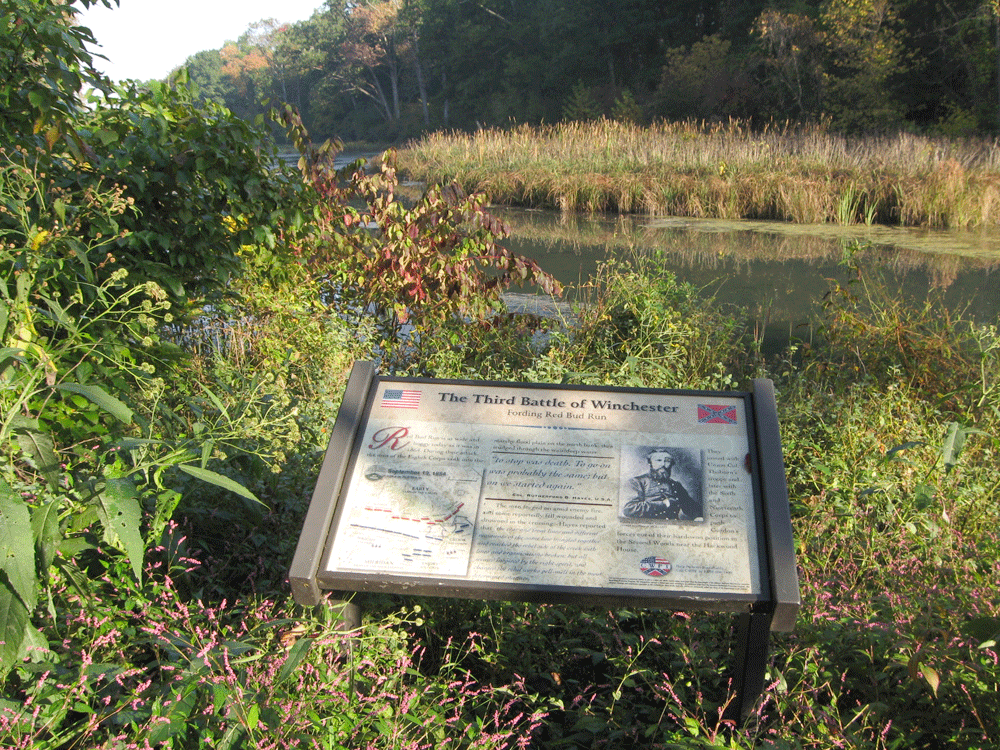 The 'Fording Red Bud Run' wayside marker on the 3rd Winchester battlefield