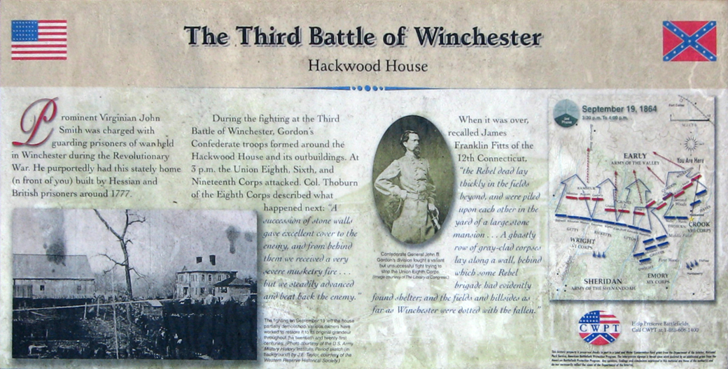 The 'Hackwood House' wayside marker on the 3rd Winchester battlefield