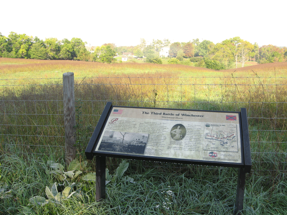 The 'Hackwood House' wayside marker on the 3rd Winchester battlefield