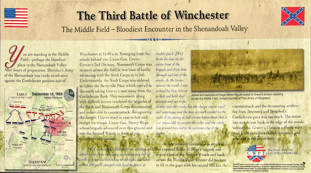 "The Middle Field" wayside marker on the 3rd Winchester battlefield