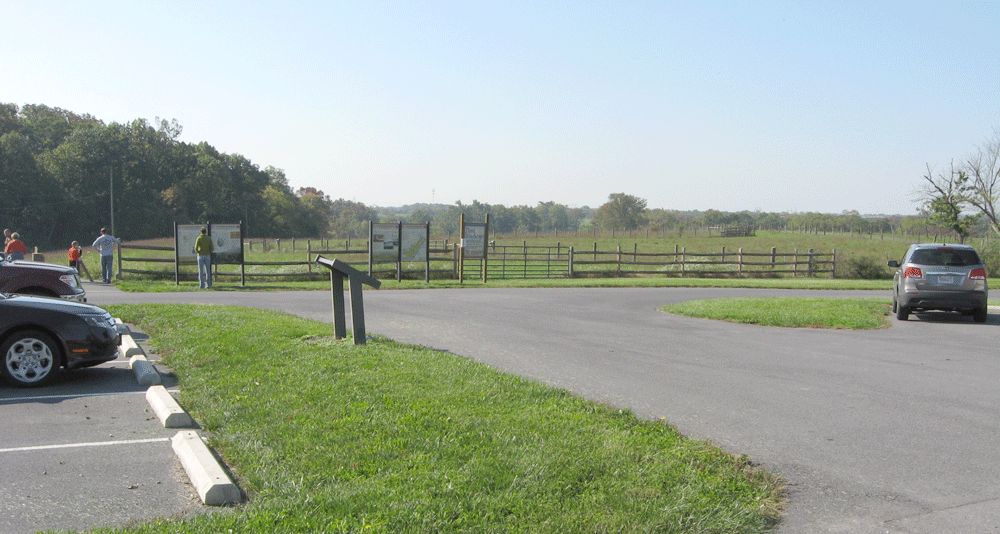 The wayside marker is in the parking lot of the trailhead at Red Bud Run.