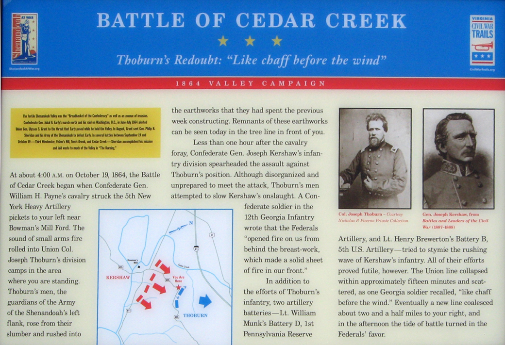 Thoburn's Redoubt wayside marker on the Cedar Creek battlefield