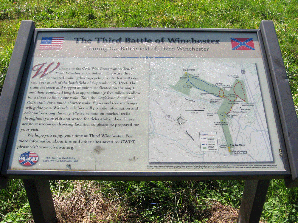 Touring the battlefield wayside marker on the north end of the 3rd Winchester Red bud run battlefield