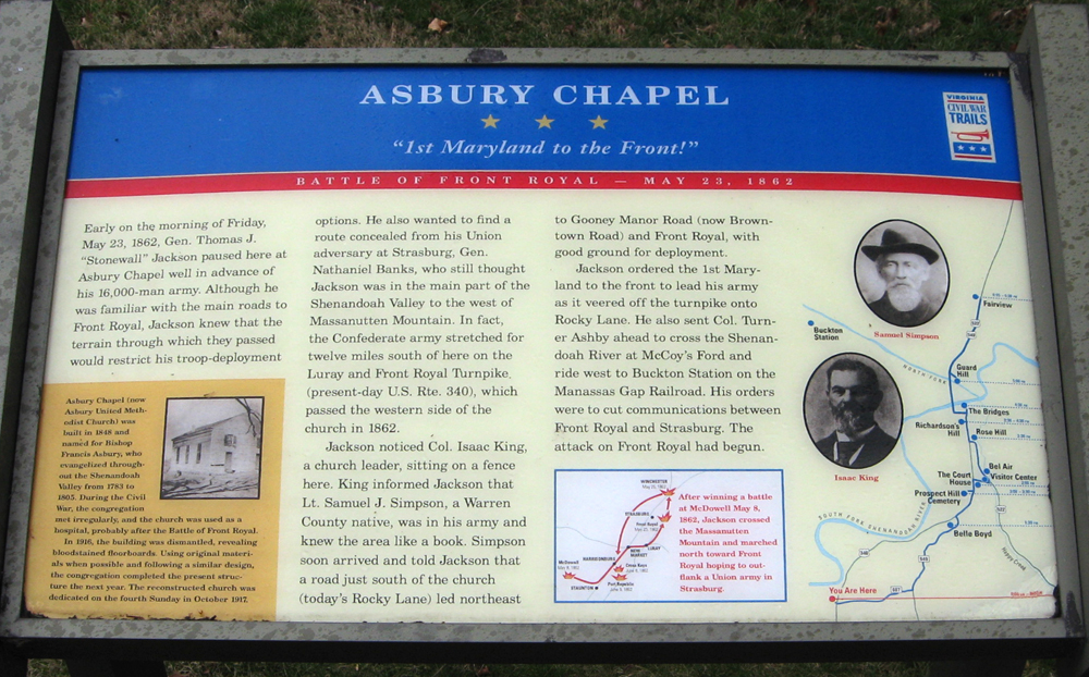 Asbury Chapel wayside marker is south of Front Royal, Virginia.
