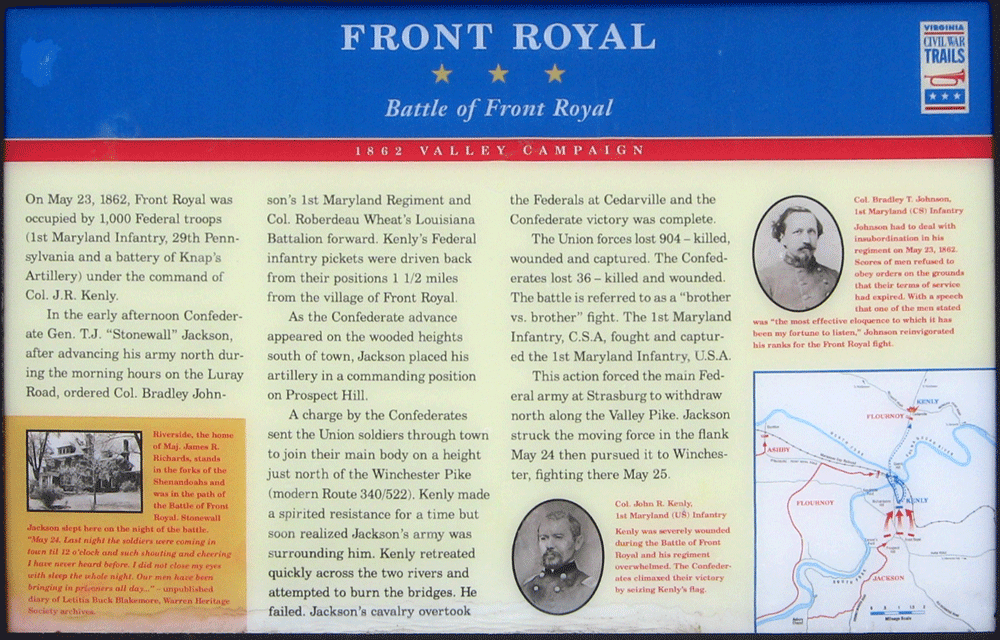 The Front Royal - Battle of Front Royal of war wayside marker outside the Visitor Center in Front Royal, Virginia