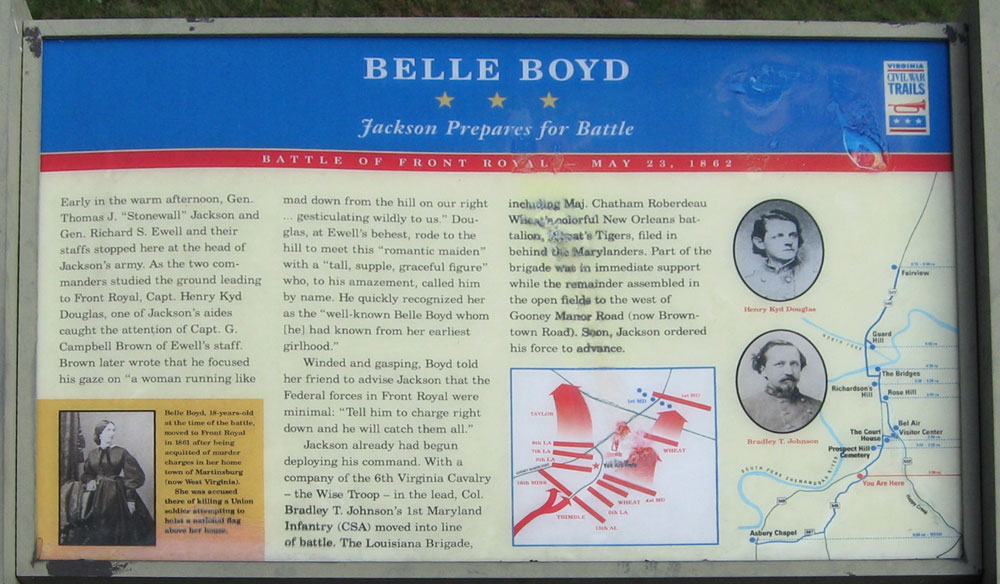 The "Belle Boyd - Jackson Prepares for Battle" wayside marker is southwest of Front Royal, Virginia