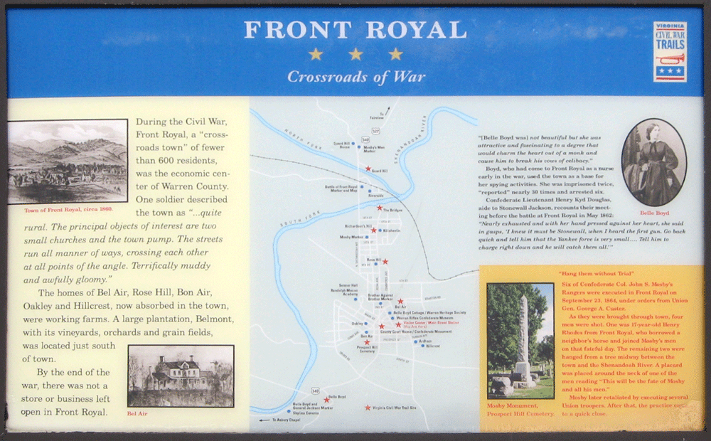 The Front Royal - Crossroads of war wayside marker outside the Visitor Center in Front Royal, Virginia
