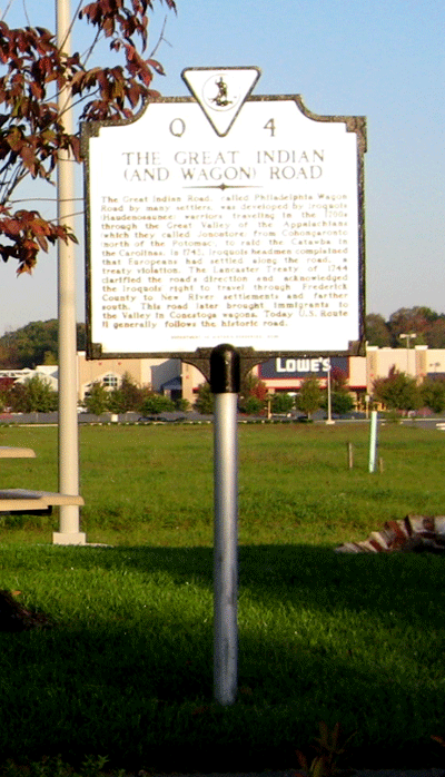 Great Indian and Wagon Road Virginia historical marker at Rutherford Farm, northeast of Winchester, Virginia