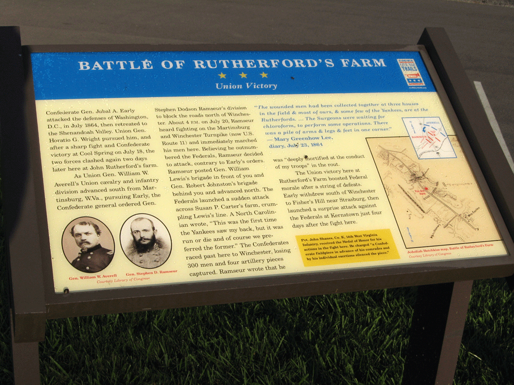 Battle of Rutherford Farm wayside marker at Rutherford Farm, northeast of Winchester, Virginia
