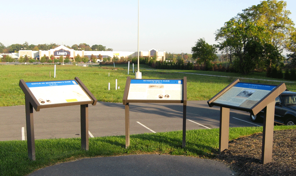 Three wayside markers at Rutherford Farm, northeast of Winchester, Virginia