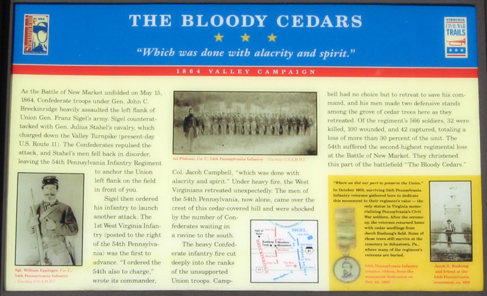 Bloody Cedars wayside marker on the New Market battlefield