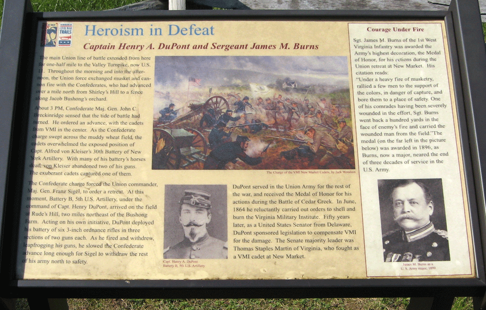 The Heroism in Defeat wayside marker on the New Market, Virginia battlefield.