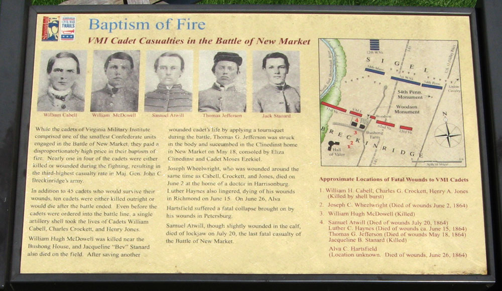 Baptism of Fire wayside marker on the New Market, Virginia battlefield