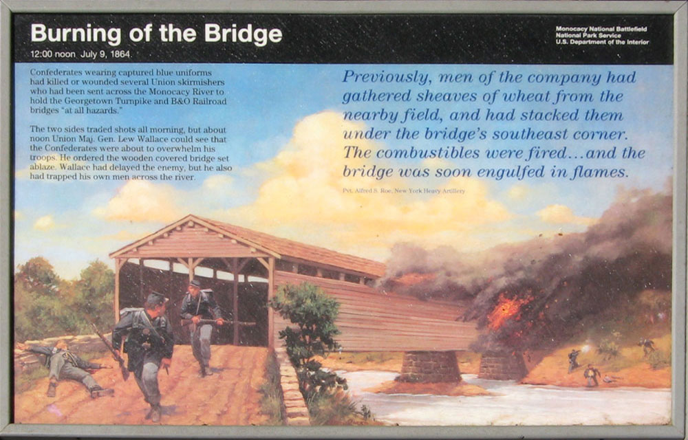 The Burning of the Bridges wayside marker on the monocacy battlefield outside Frederick, Maryland