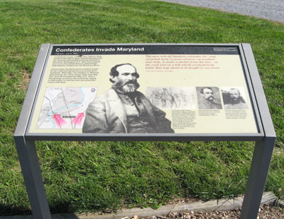 The "Confederates Invade Maryland" wayside marker is on the Monocacy battlefield