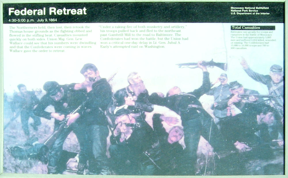 The "Federal Retreat" wayside marker on the monocacy battlefield outside Frederick, Maryland