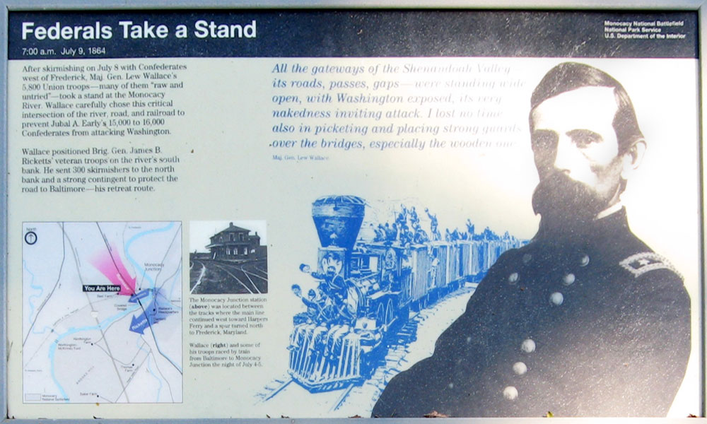 The "Federals Take A Stand" wayside marker on the Monocacy battlefield outside Frederick, Maryland