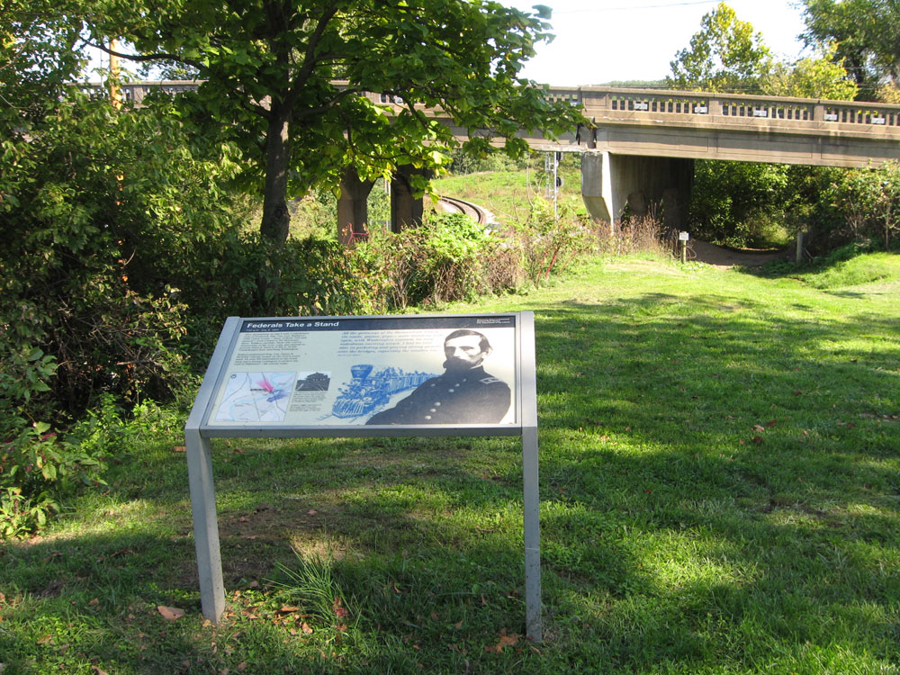 The "Federals Take A Stand" wayside marker on the Monocacy battlefield outside Frederick, Maryland