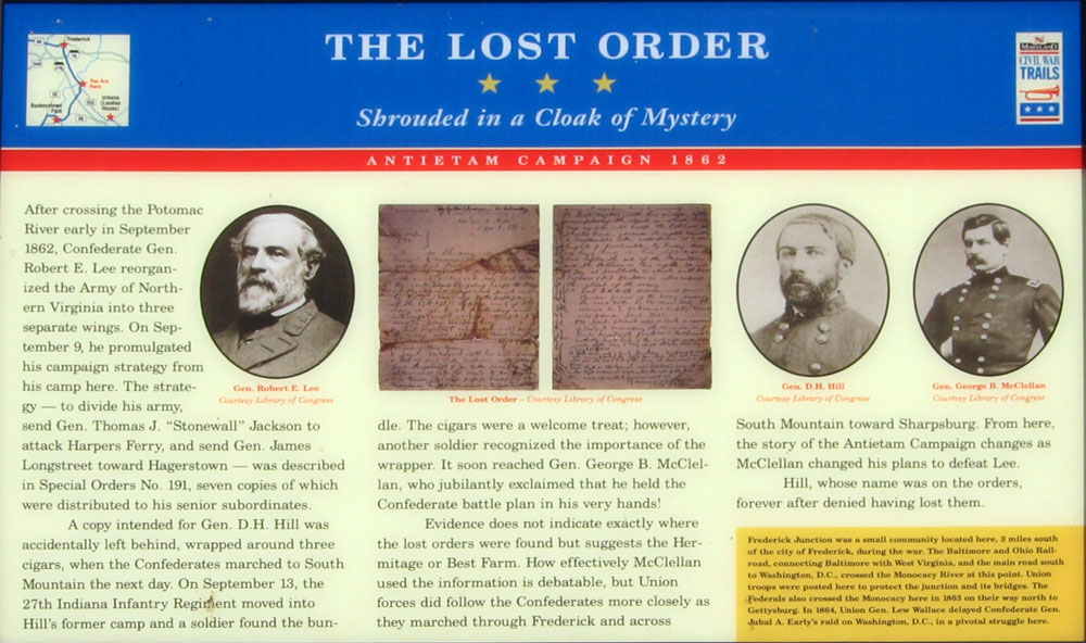 The Lost Order wayside marker across from the entrance to the Monocacy National Battlefield Visitor Center