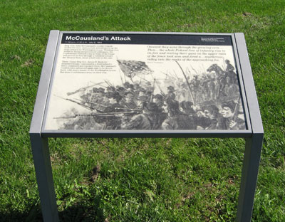 The "McCausland’s Attack" wayside maker on the Monocacy battlefield outside Frederick, Maryland