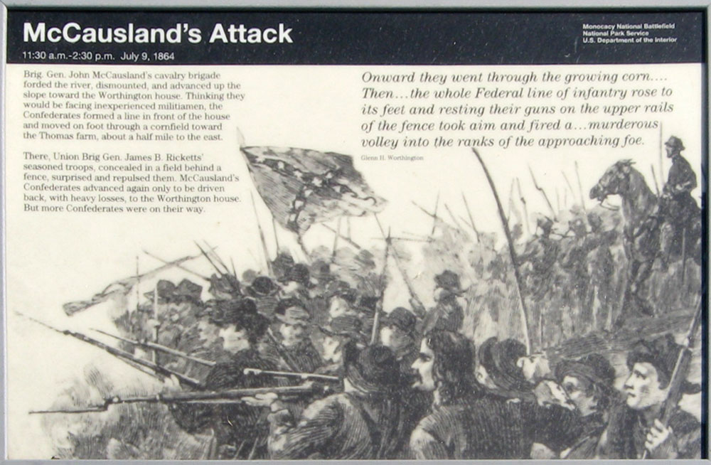 The "McCausland’s Attack" wayside maker on the Monocacy battlefield outside Frederick, Maryland