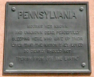 Closeup of the tablet from the Pennsylvania monument in Winchester National Cemetery