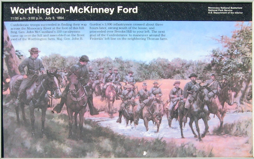The "Worthington-McKinney Ford" wayside marker on the Monocacy battlefield outside Frederick, Maryland