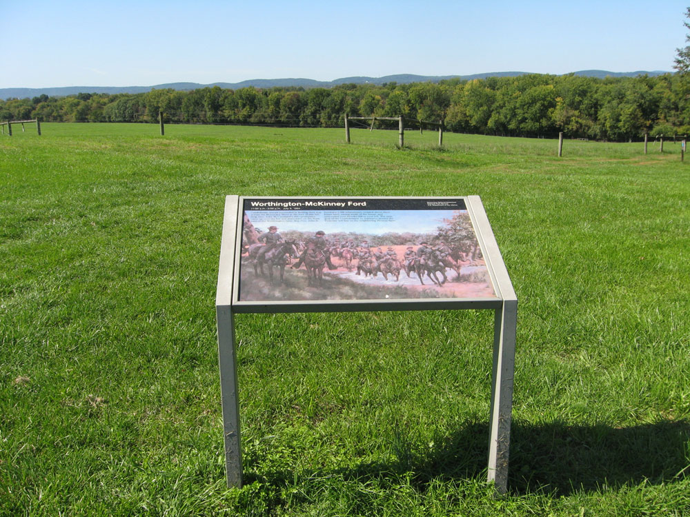 The "Worthington-McKinney Ford" wayside marker on the Monocacy battlefield outside Frederick, Maryland