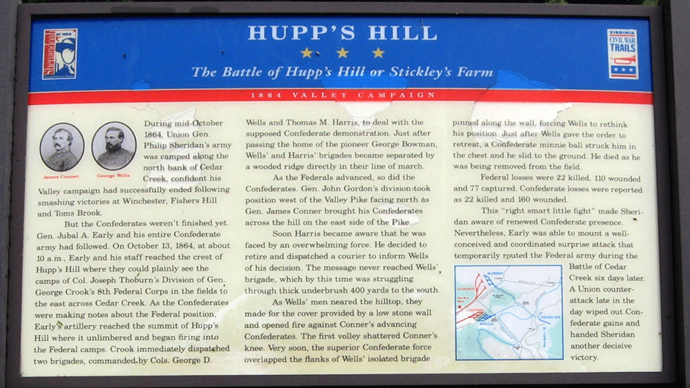 The Battle of Hupp's Hill or Stickley's Farm wayside marker north of Strasburg, Virginia