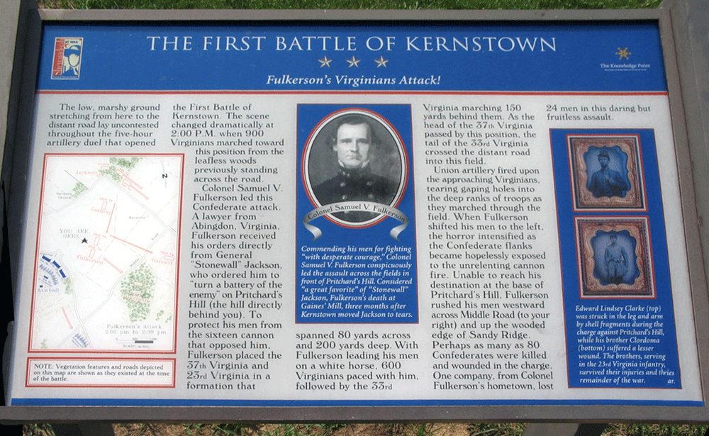 wayside marker on the Kernstown battlefield outside Winchester, Virginia